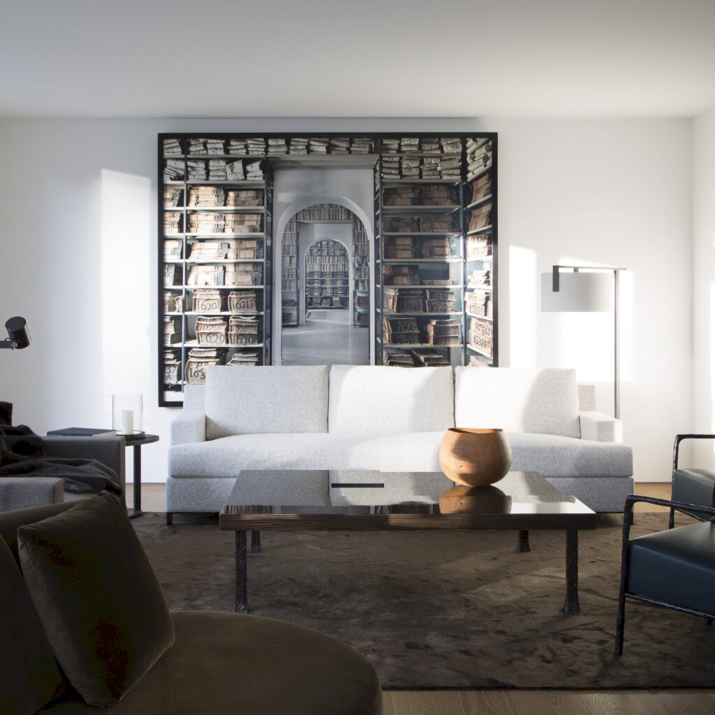 Salón contemporáneo con una fotografía de gran formato