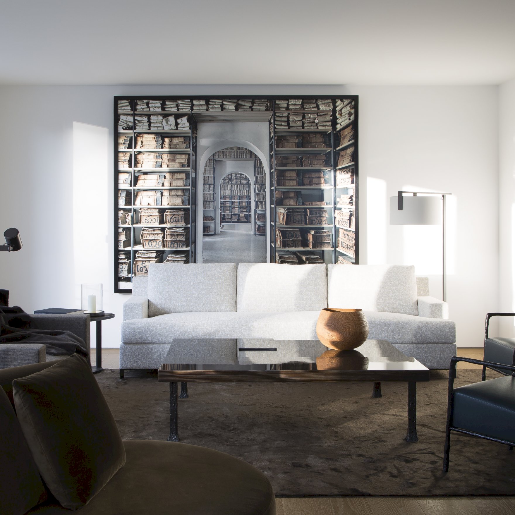 Salón contemporáneo con una fotografía de gran formato